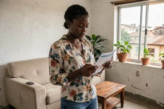 Jeune femme ivoirienne recherchant un appartement pas cher à Abidjan avec son smartphone et des annonces papier
