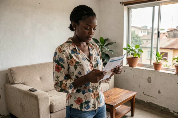 Jeune femme ivoirienne recherchant un appartement pas cher à Abidjan avec son smartphone et des annonces papier