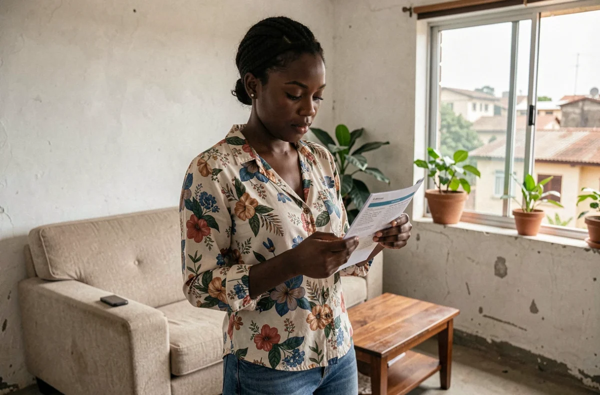 Jeune femme ivoirienne recherchant un appartement pas cher à Abidjan avec son smartphone et des annonces papier