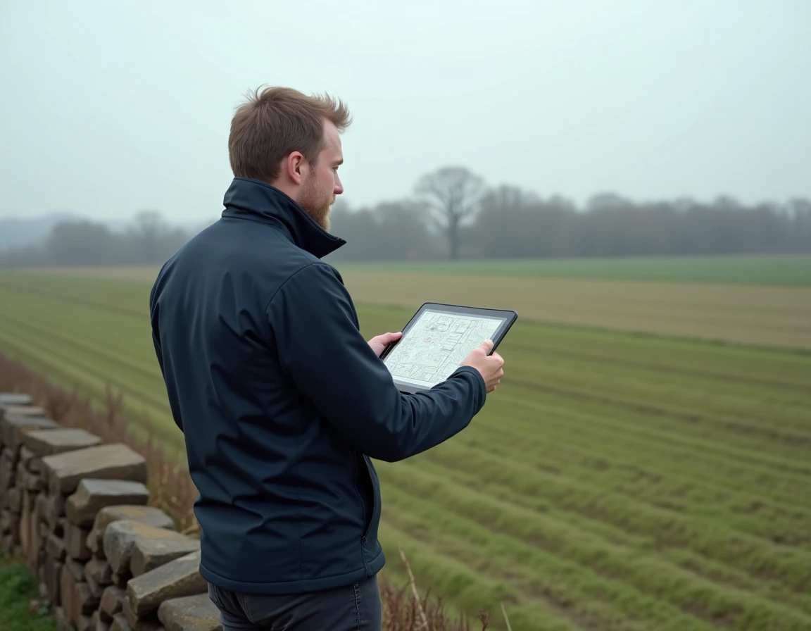 Homme consultant une carte cadastrale numérique sur tablette en bordure de terrain agricole pour retrouver l'historique des ventes d'une parcelle