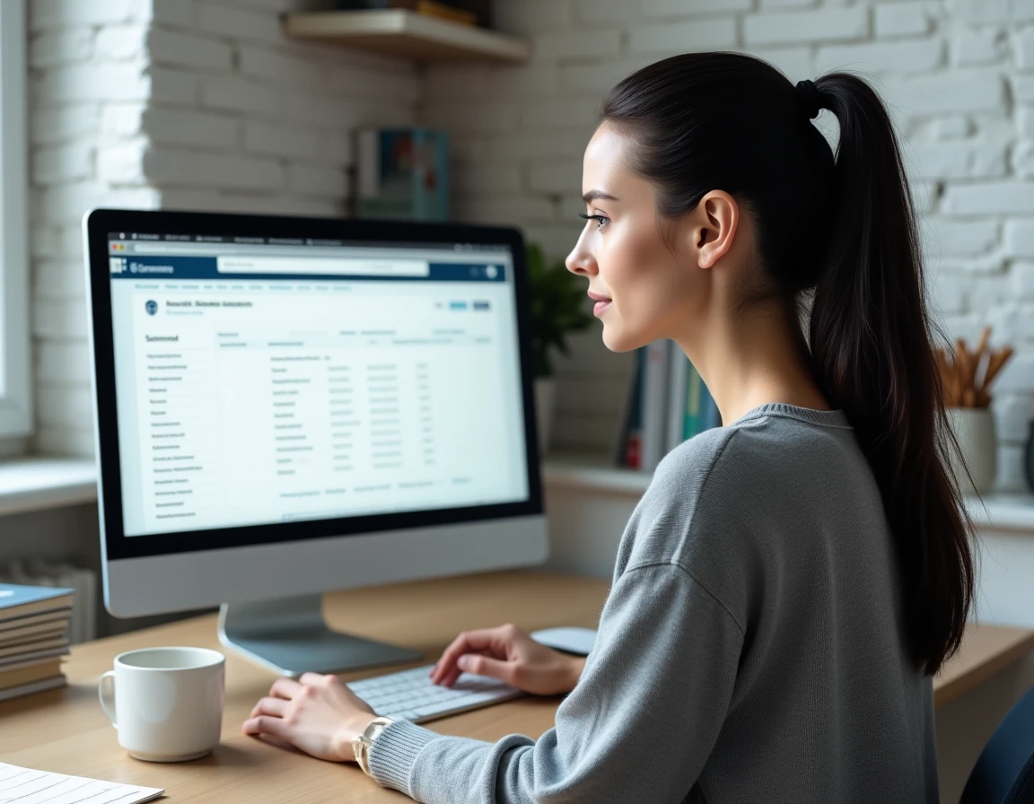 Jeune femme effectuant une recherche en ligne sur le site du cadastre pour connaître le propriétaire d'une parcelle et consulter l'historique des ventes immobilières