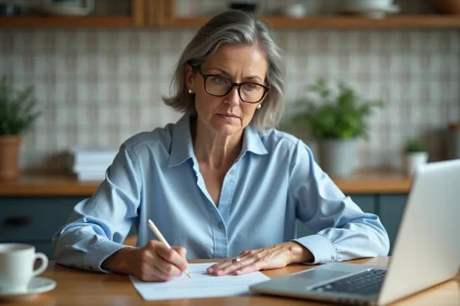 Femme rédigeant une lettre de préavis pour quitter un logement social à son bureau de cuisine