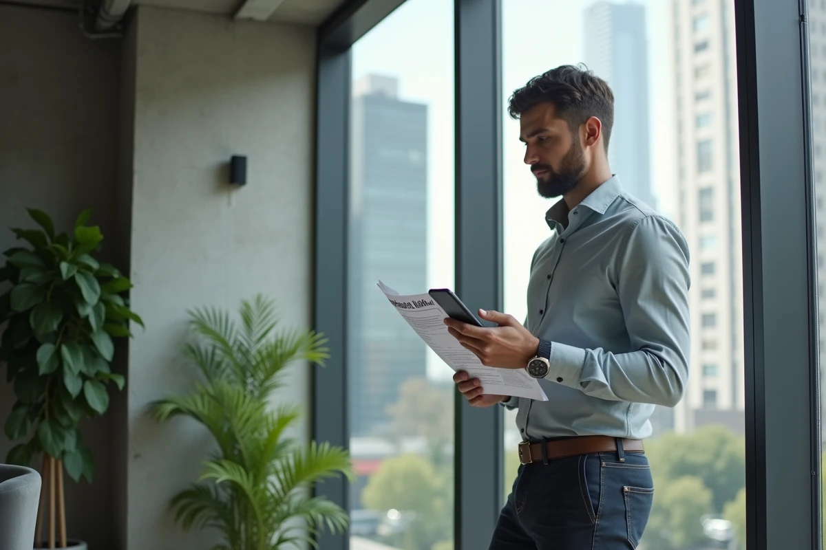 Commercial debout près d'une fenêtre en espace de coworking consultant ses relances clients sur smartphone et fiches imprimées