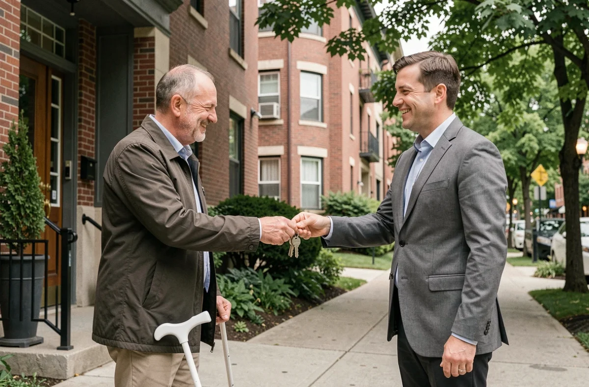 Homme malvoyant recevant les clés de son appartement de la part d'un gestionnaire immobilier bienveillant, symbolisant une location équitable et respectueuse pour locataire handicapé