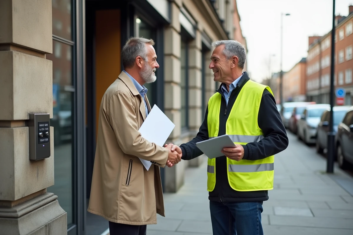 Remise de diagnostics obligatoires entre bailleur et diagnostiqueur devant un local commercial urbain