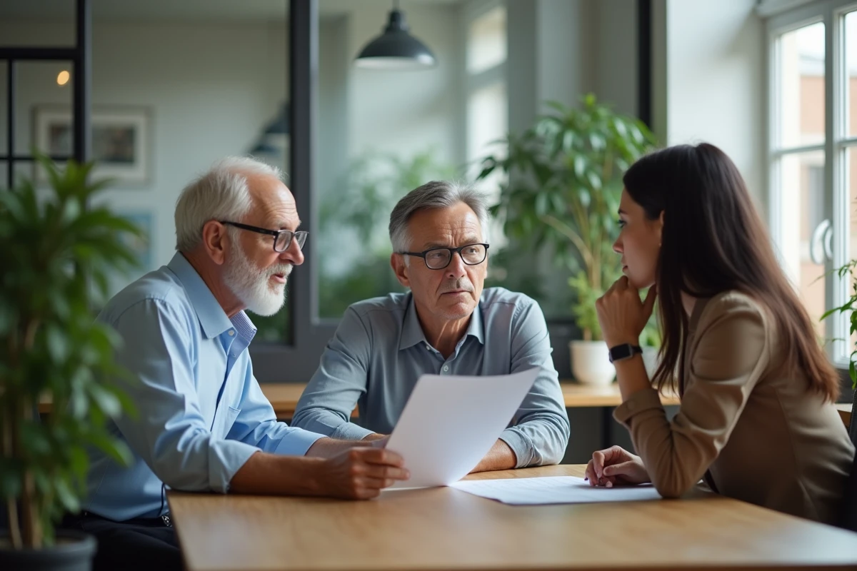 Discussion sérieuse entre un homme âgé une jeune adulte et une professionnelle