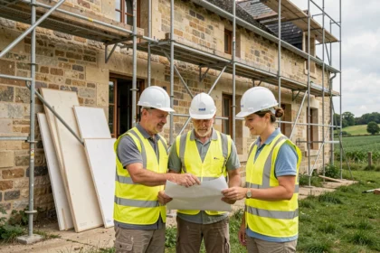 Équipe de professionnels en rénovation énergétique devant une maison en pierre du Loiret