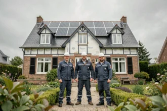 Équipe de professionnels de la rénovation énergétique devant une maison normande rénovée en Seine-Maritime