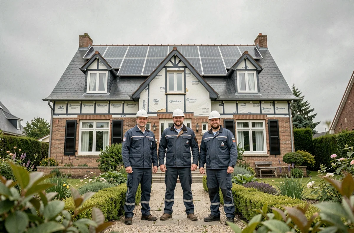 Équipe de professionnels de la rénovation énergétique devant une maison normande rénovée en Seine-Maritime