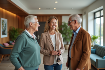 Femme élégante discutant avec un couple senior dans un lobby moderne