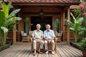 Couple de retraités occidentaux sur la terrasse en teck d'une maison thaïlandaise traditionnelle entourée de végétation tropicale