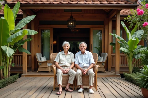 Couple de retraités occidentaux sur la terrasse en teck d'une maison thaïlandaise traditionnelle entourée de végétation tropicale