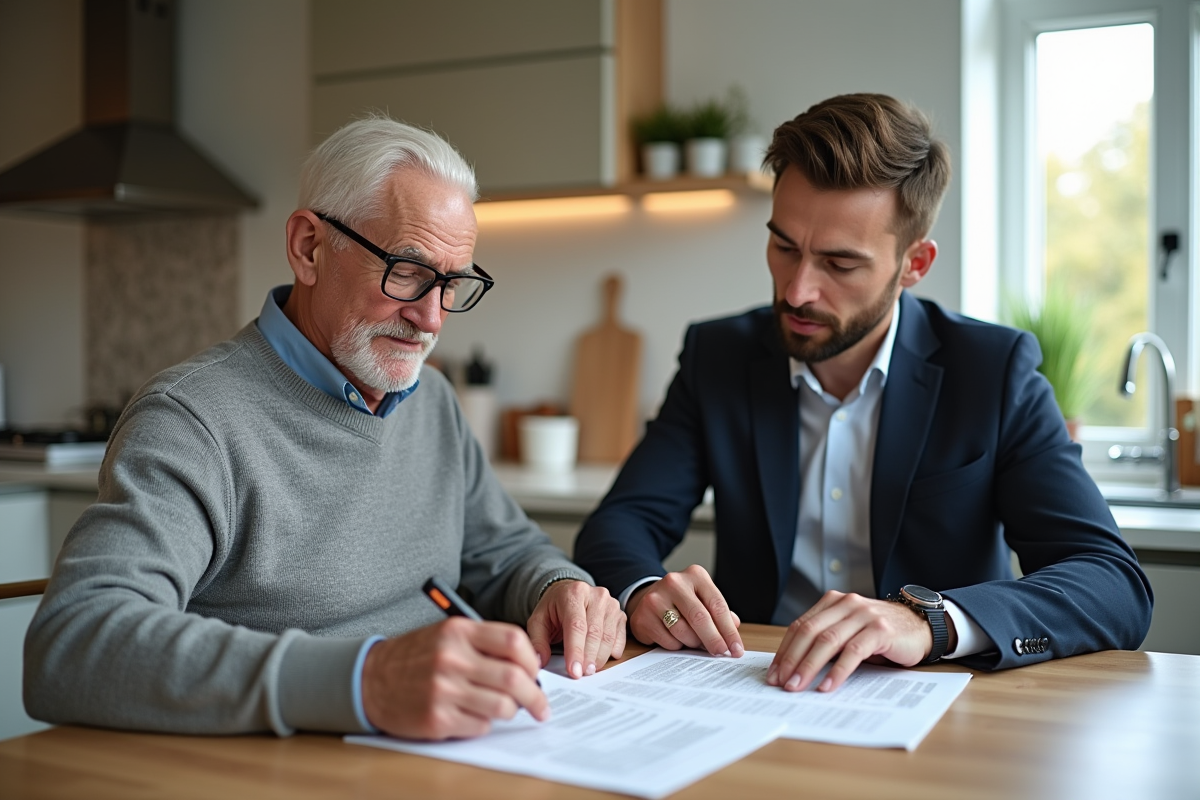 Homme senior en sweater examinant des documents avec un professionnel