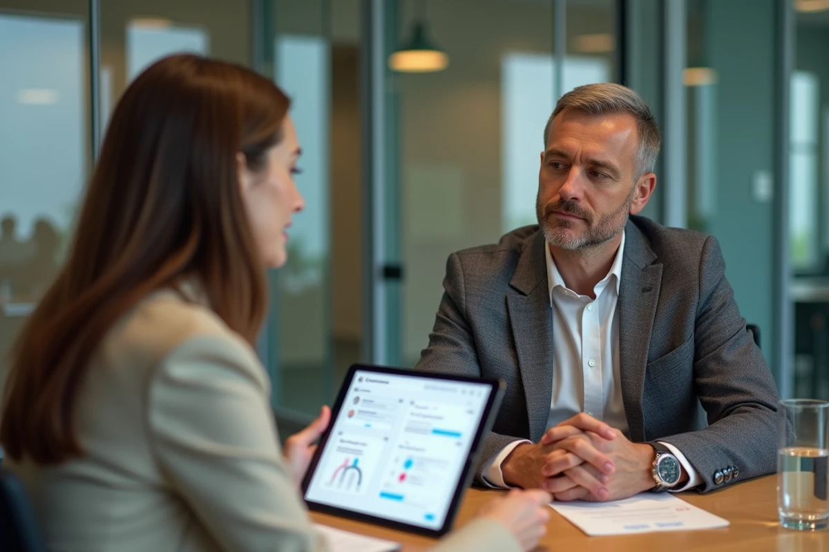 Deux professionnels en réunion consultant ensemble une application de gestion des contacts clients sur tablette dans une salle de conférence vitrée