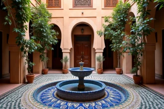 Cour intérieure d'un riad traditionnel dans la médina de Marrakech avec fontaine en zellige et végétation luxuriante