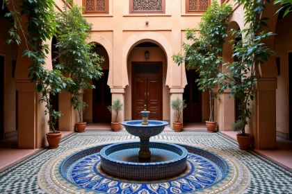 Cour intérieure d'un riad traditionnel dans la médina de Marrakech avec fontaine en zellige et végétation luxuriante