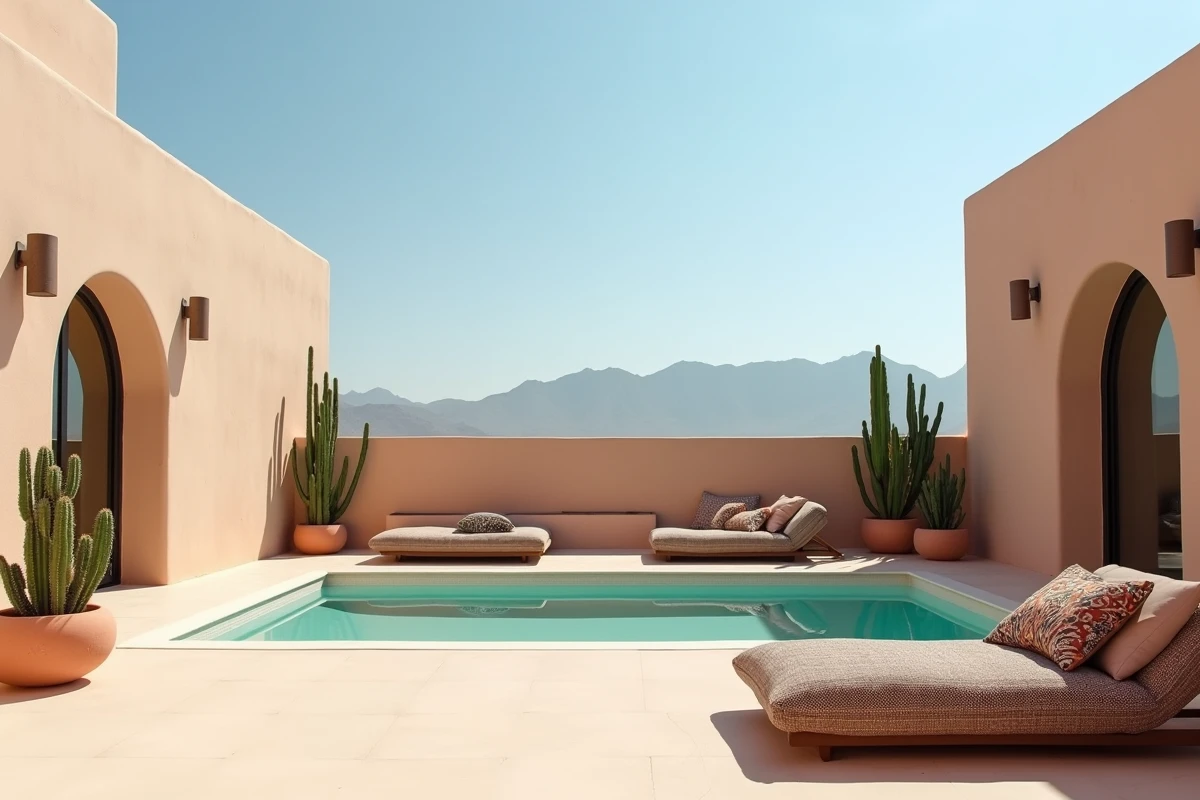 Terrasse moderne d'un riad en périphérie de Marrakech avec piscine et vue sur les montagnes de l'Atlas