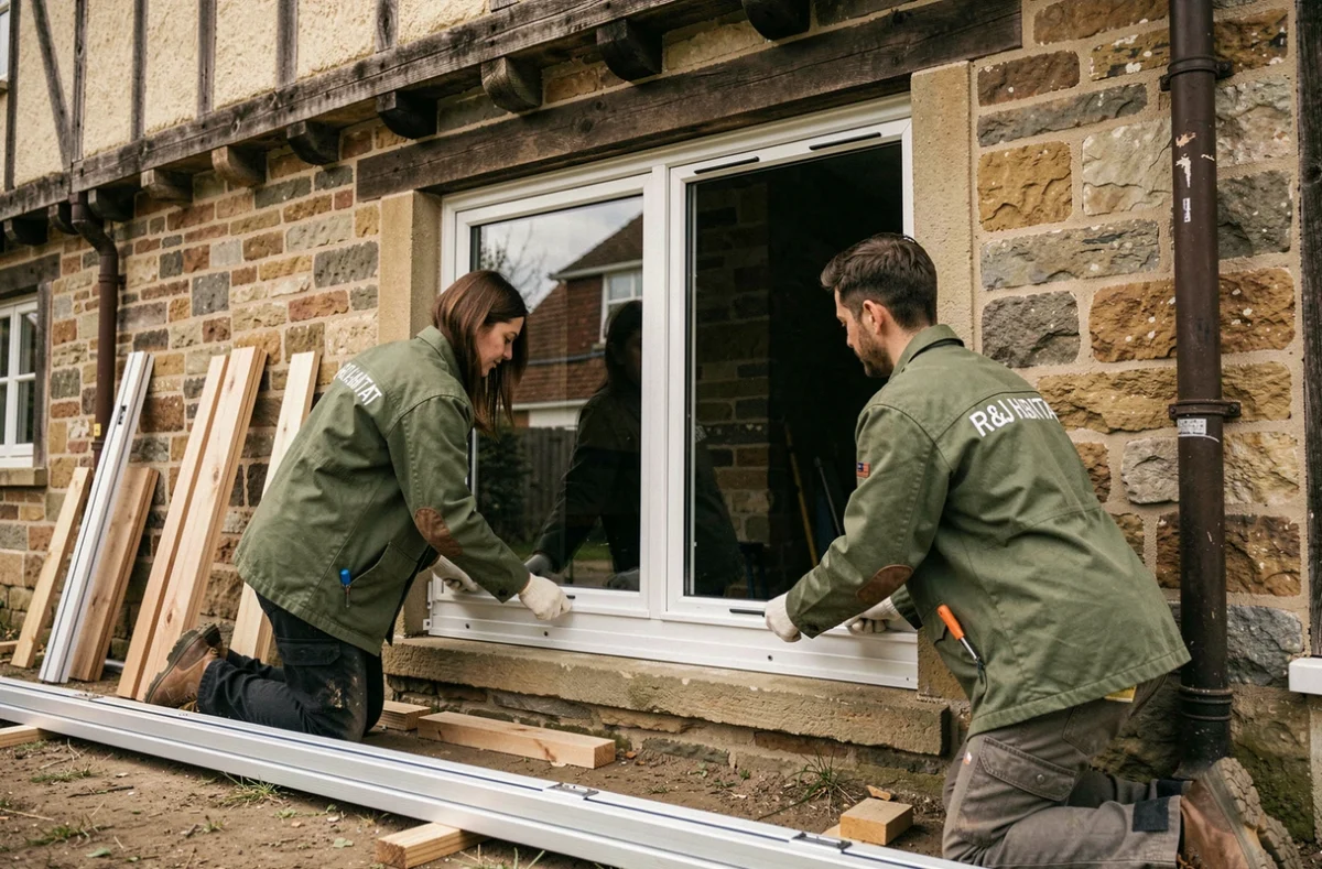Équipe R&J HABITAT posant des fenêtres à double vitrage sur une maison normande traditionnelle
