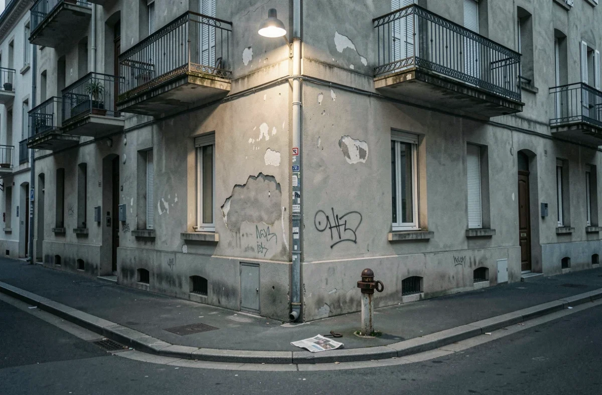 Coin de rue désert dans un quartier urbain de Maisons-Alfort, façades vieillissantes et ambiance nocturne contrastée