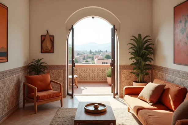 Salon moderne d'un appartement à Marrakech avec arche en plâtre, carrelage zellige et balcon donnant sur la ville