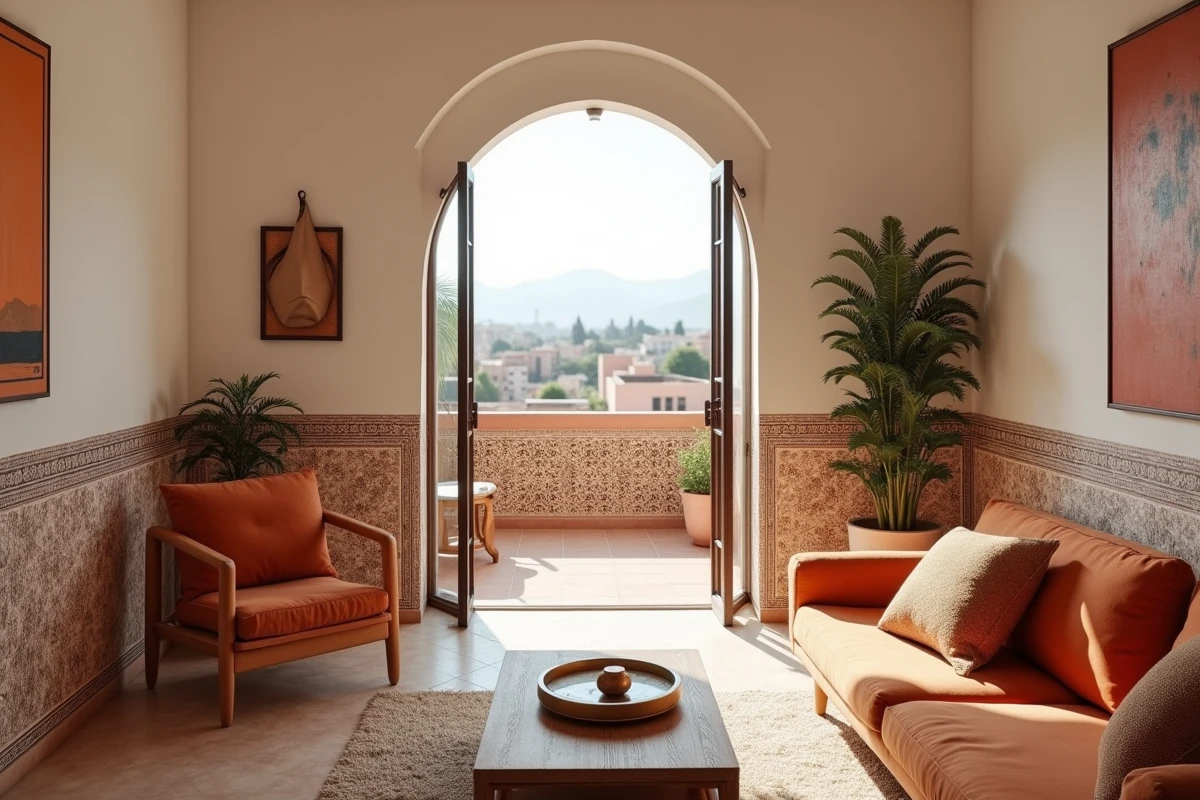 Salon moderne d'un appartement à Marrakech avec arche en plâtre, carrelage zellige et balcon donnant sur la ville