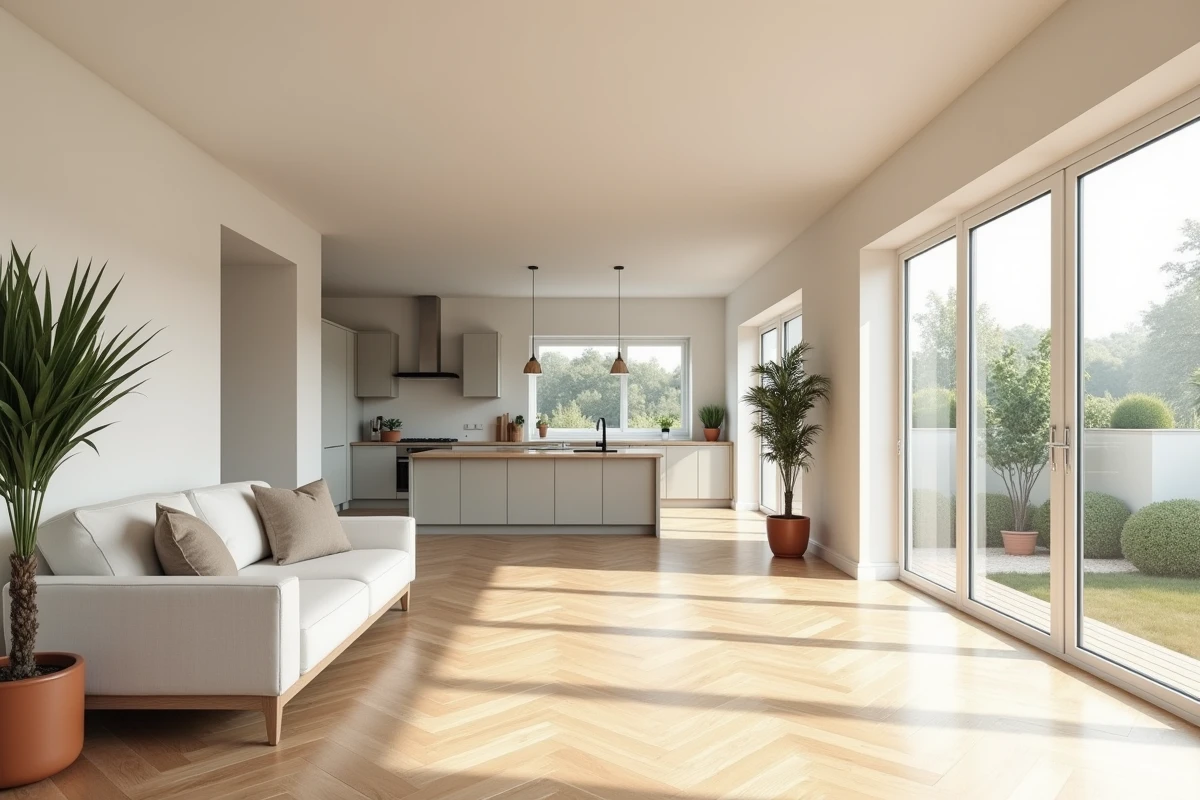 Salon d'une maison témoin moderne avec parquet chêne et décoration épurée pour programme neuf