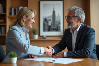 Homme et femme d'affaires signant un contrat de location