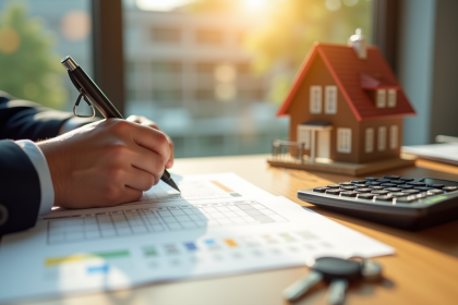 Personne signant des documents immobiliers dans un bureau lumineux