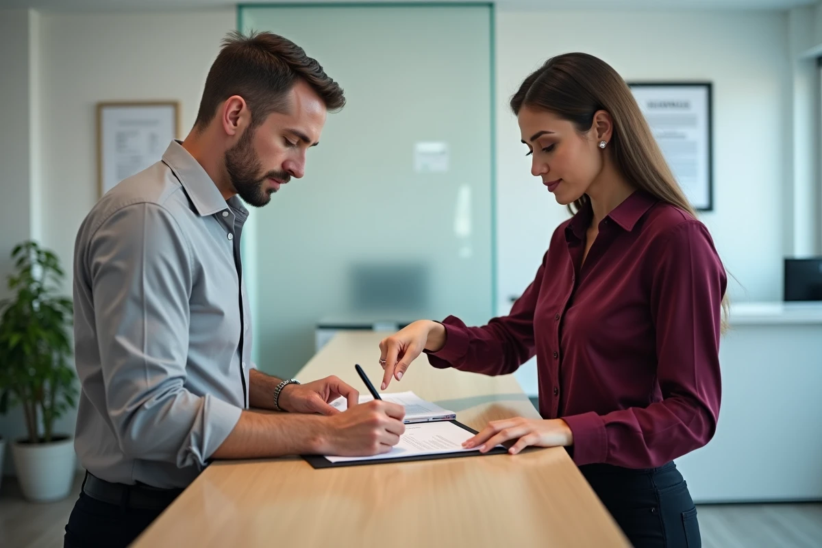 Signature d'un registre de copropriété chez le notaire par un copropriétaire avec assistance administrative