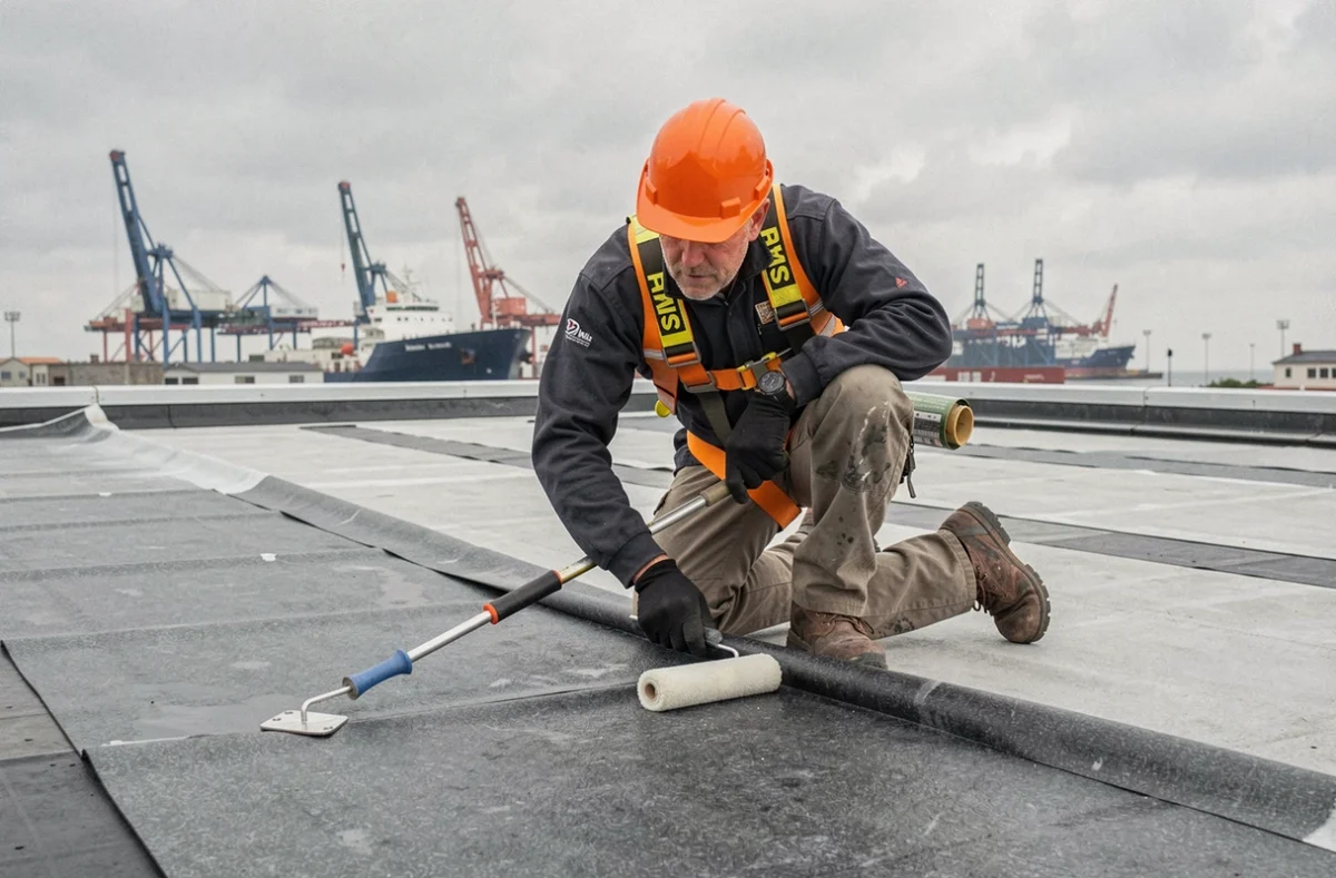 Couvreur SMAC Le Havre appliquant une membrane d'étanchéité sur un toit commercial au Havre
