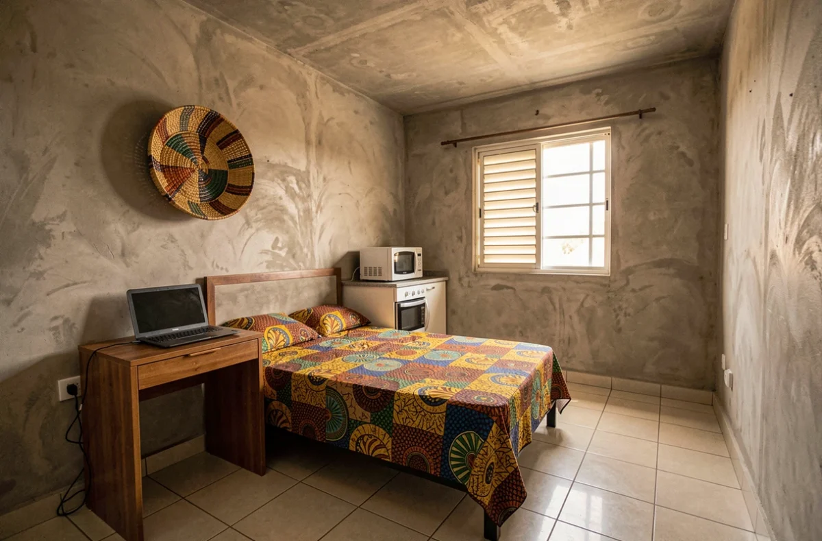 Studio appartement économique et bien aménagé à Abidjan avec décoration locale et kitchenette
