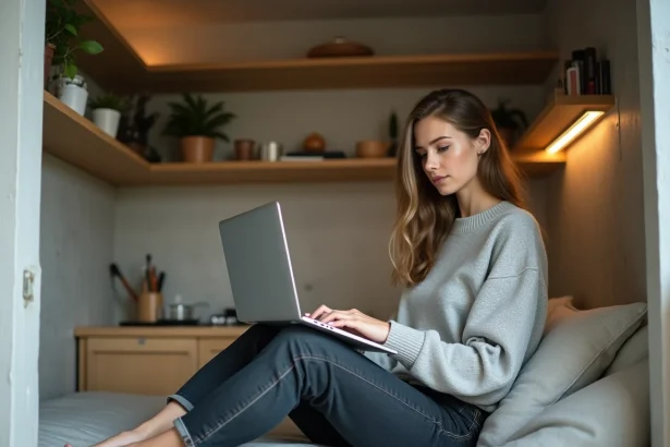 Jeune femme travaillant sur un ordinateur portable dans un studio étudiant compact avec loft, étagères organisées et kitchenette visible en arrière-plan