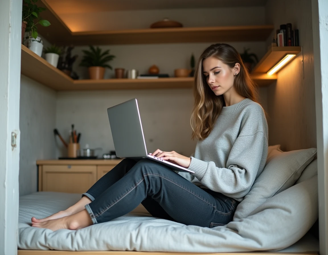 Jeune femme travaillant sur un ordinateur portable dans un studio étudiant compact avec loft, étagères organisées et kitchenette visible en arrière-plan