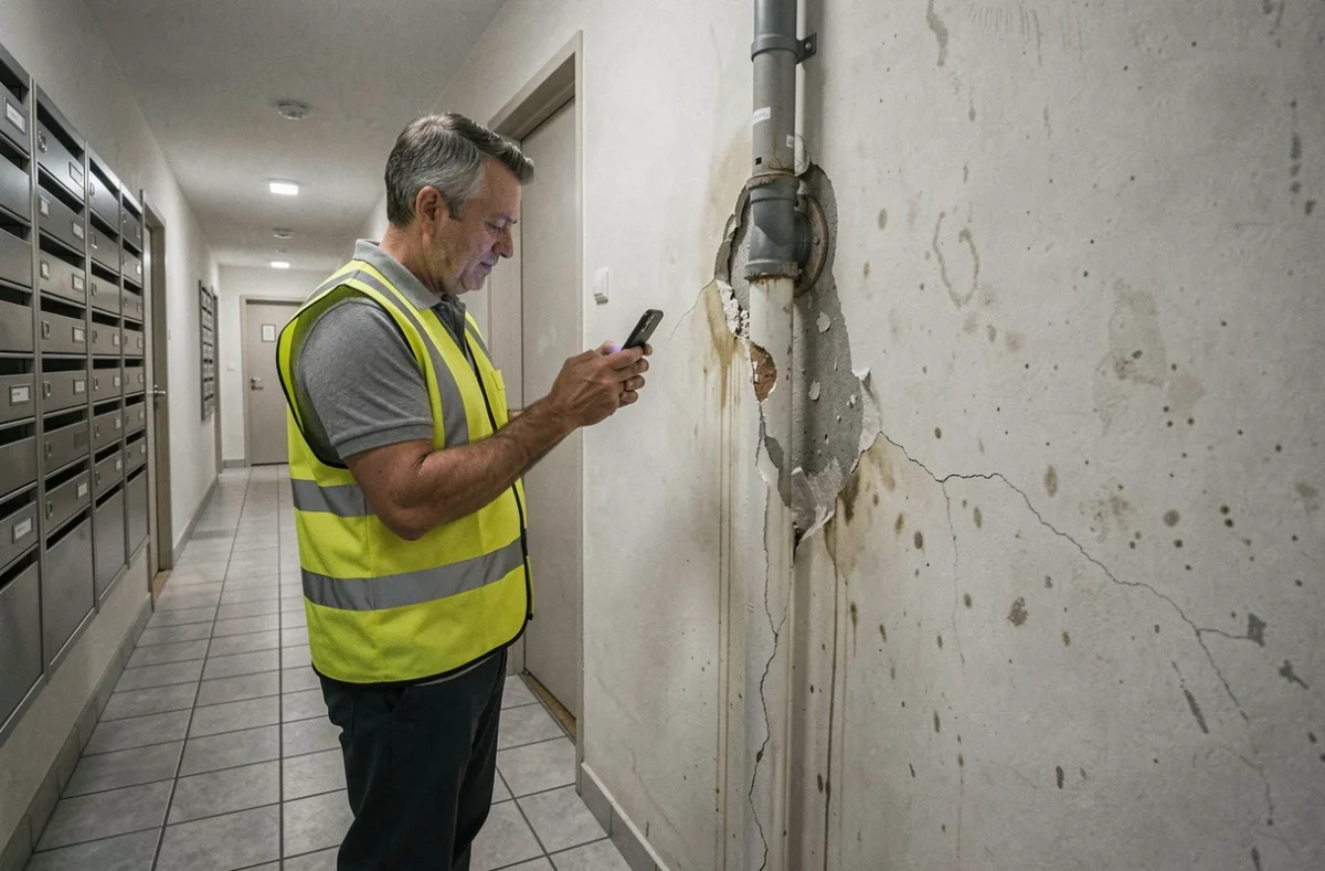 Syndic de copropriété documentant un sinistre dans les parties communes d'un immeuble résidentiel