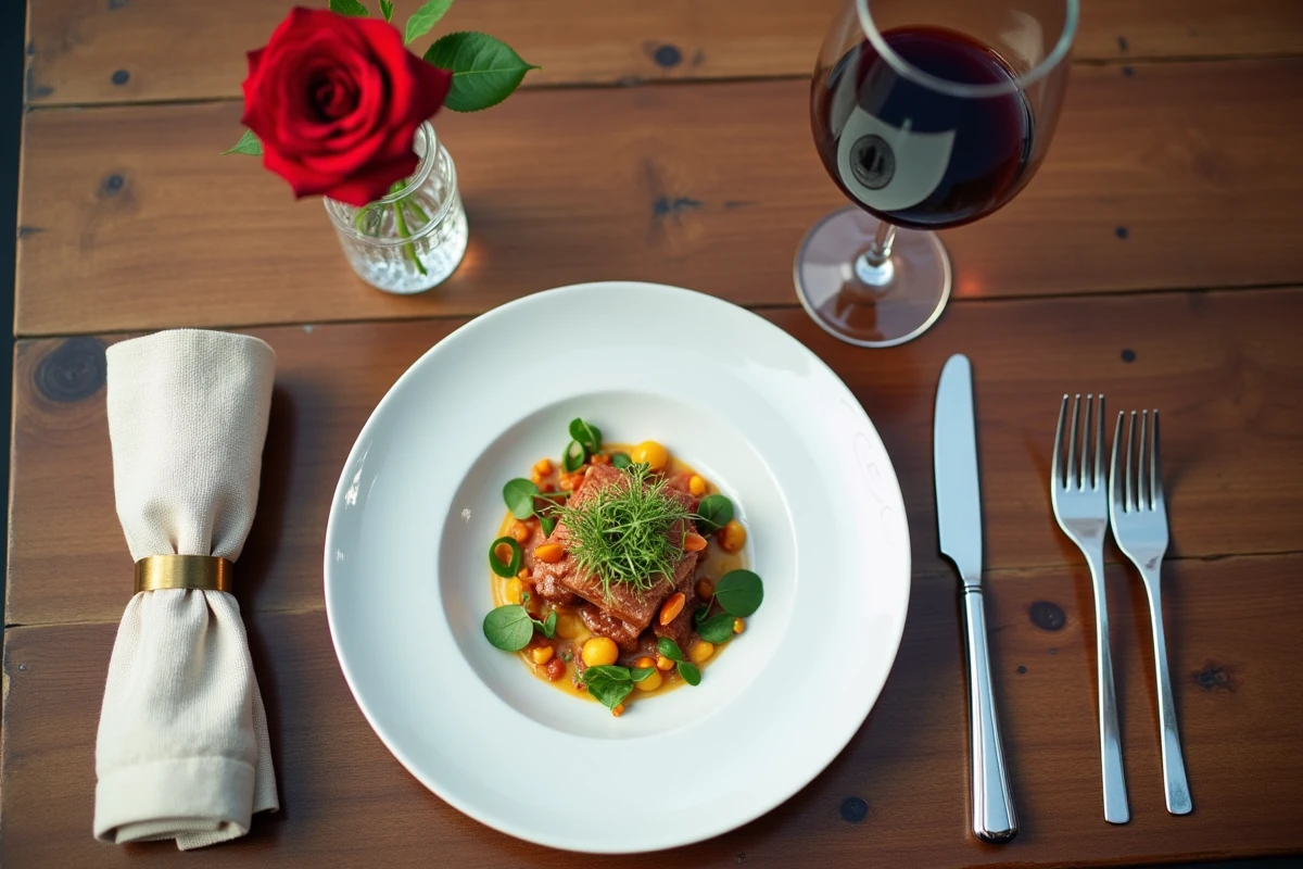 Table dressée avec soin pour un dîner romantique sur une péniche à Lyon