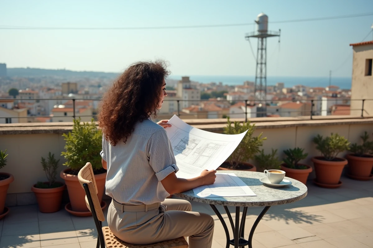 Femme consultant des plans d'architecture sur une terrasse de toit avec panorama sur les toits d'un quartier marseillais en développement