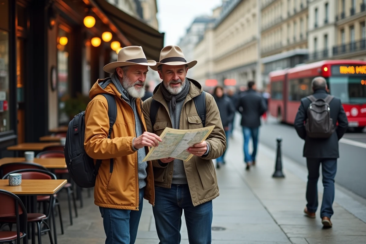 Couple de touristes avec carte devant un café à Mille