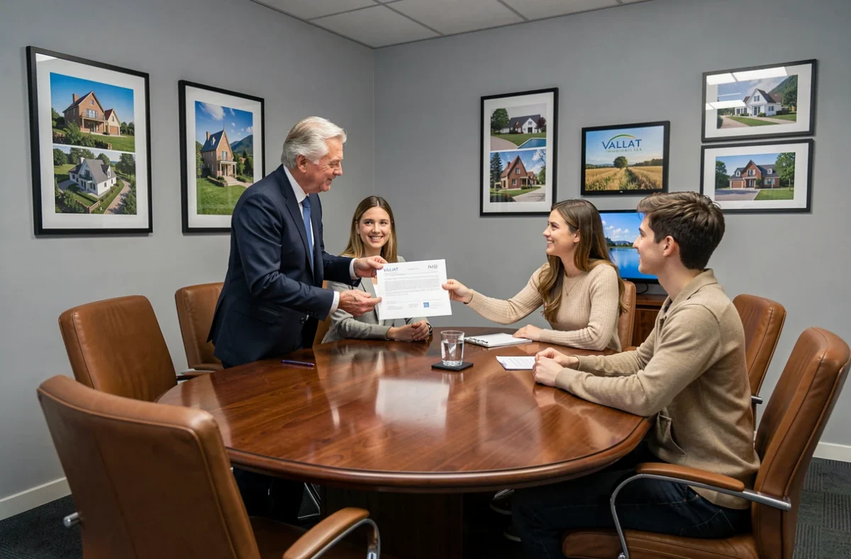 Réunion professionnelle dans les bureaux de Vallat Immobilier autour d'un contrat de location