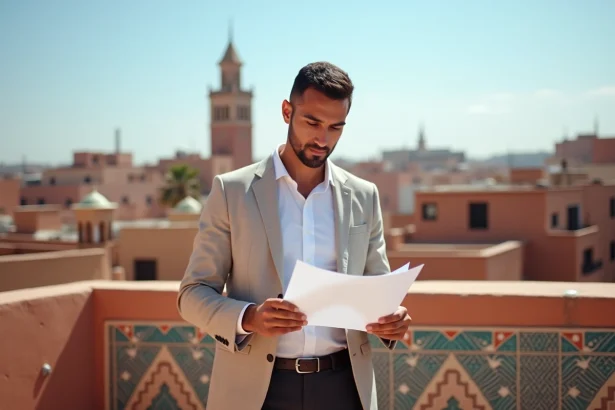 Agent immobilier marocain sur une terrasse de riad à Marrakech consultant des documents de vente d'appartement