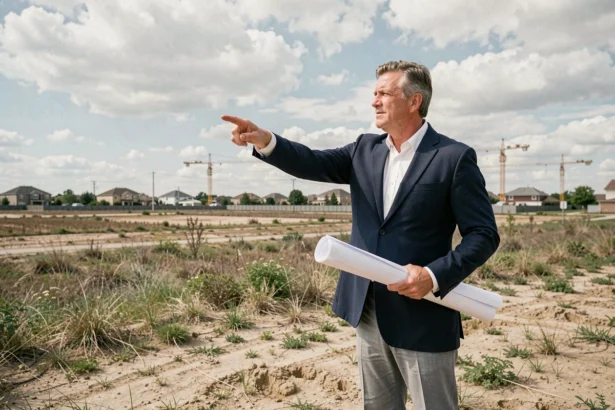 Propriétaire debout sur un terrain non bâti en zone périurbaine, tenant des plans architecturaux, prêt à vendre à un promoteur immobilier