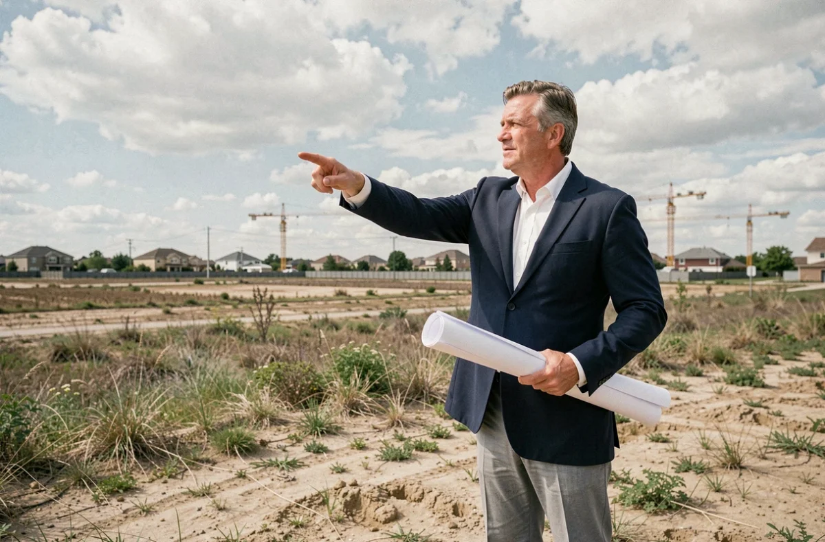 Propriétaire debout sur un terrain non bâti en zone périurbaine, tenant des plans architecturaux, prêt à vendre à un promoteur immobilier