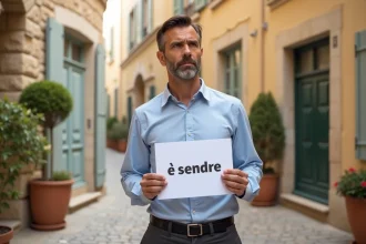Propriétaire tenant une pancarte À Vendre devant une maison en pierre à Aix-en-Provence pour une vente entre particuliers