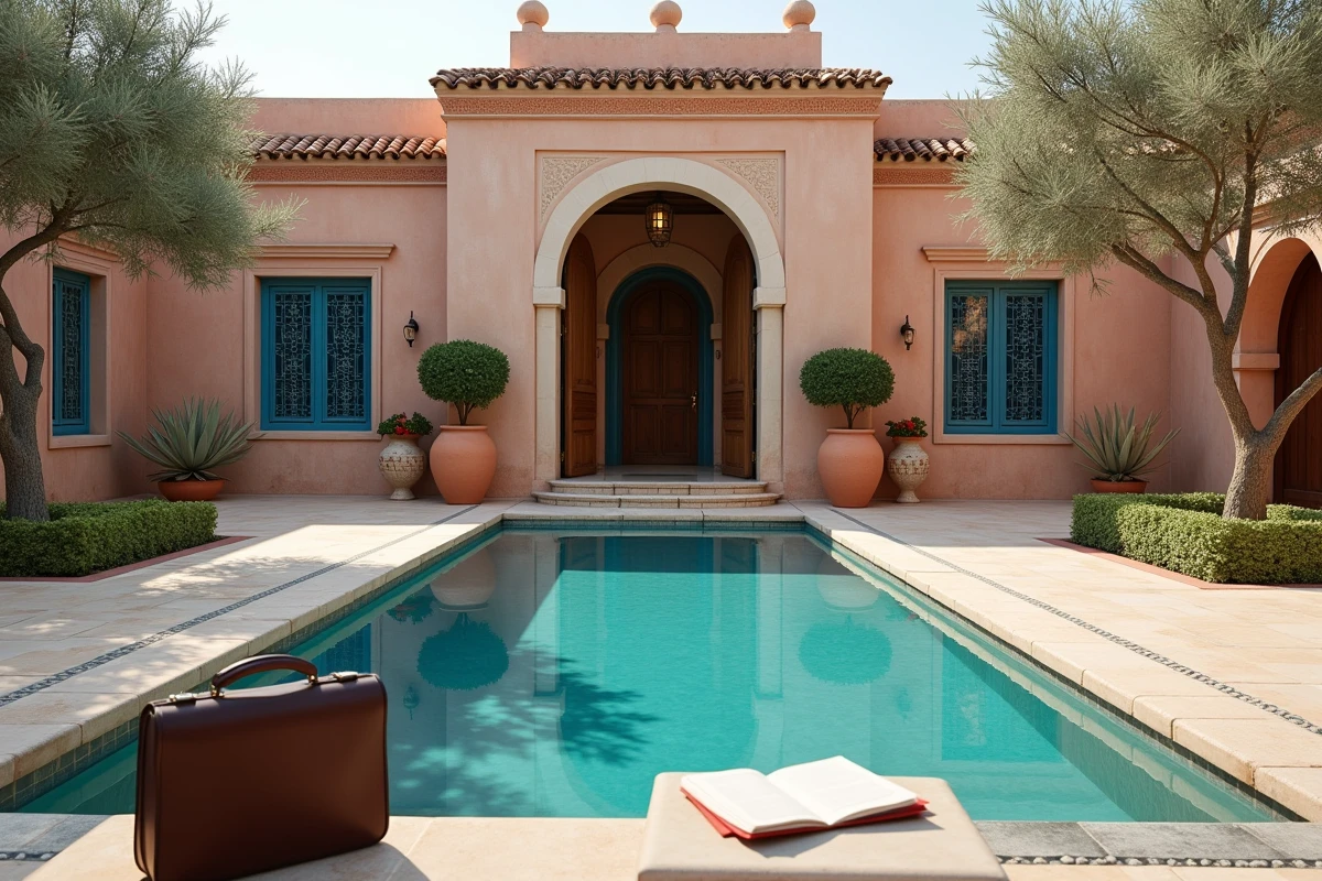 Villa avec piscine longue à louer à Essaouira pour expatriés, vue extérieure de la façade traditionnelle marocaine et du jardin