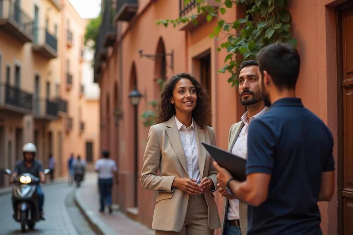 Acheteurs étrangers visitant un appartement à vendre dans la médina de Marrakech avec un agent immobilier local