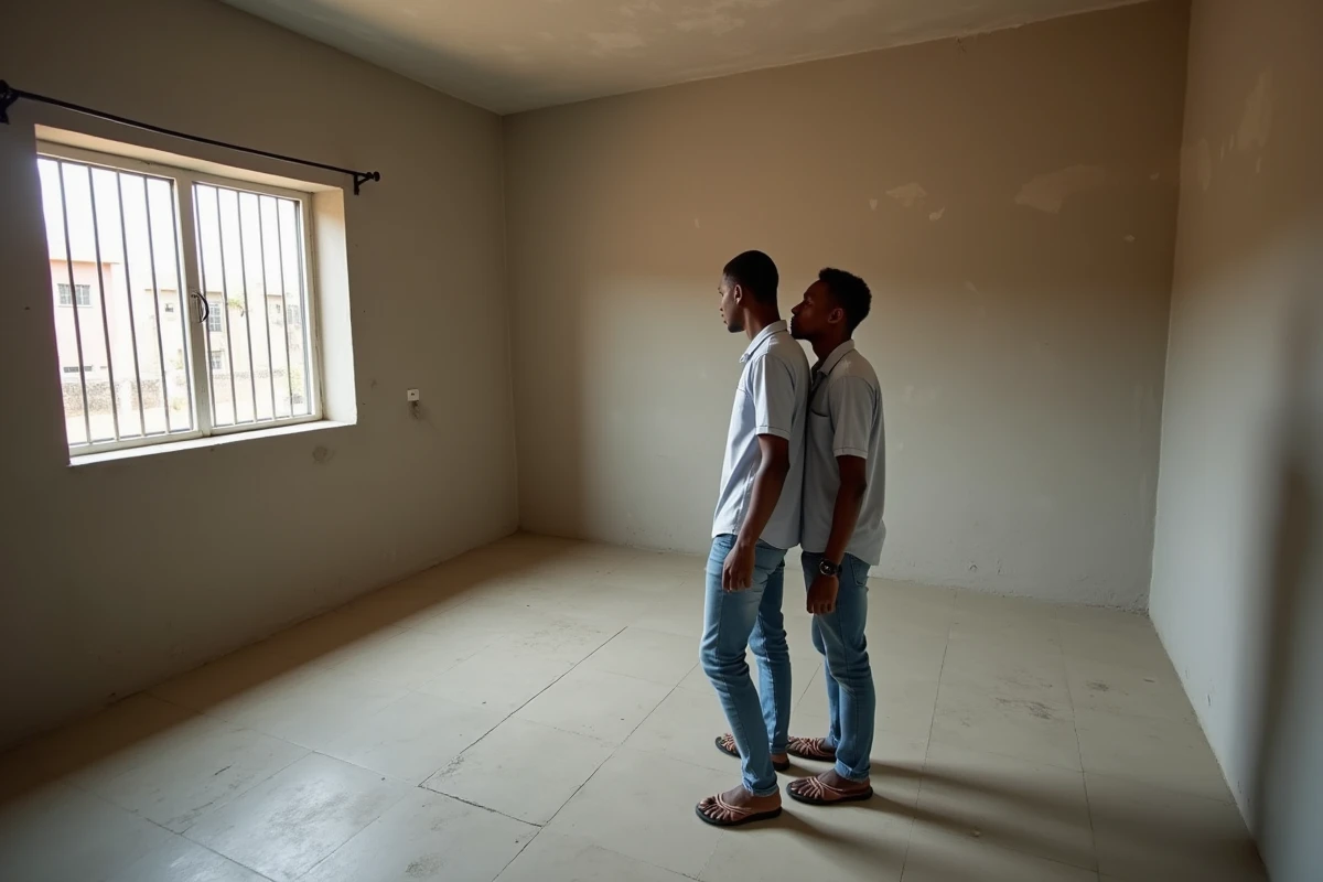 Jeune couple sénégalais visitant un appartement vide à Dakar avant de négocier le loyer avec le propriétaire