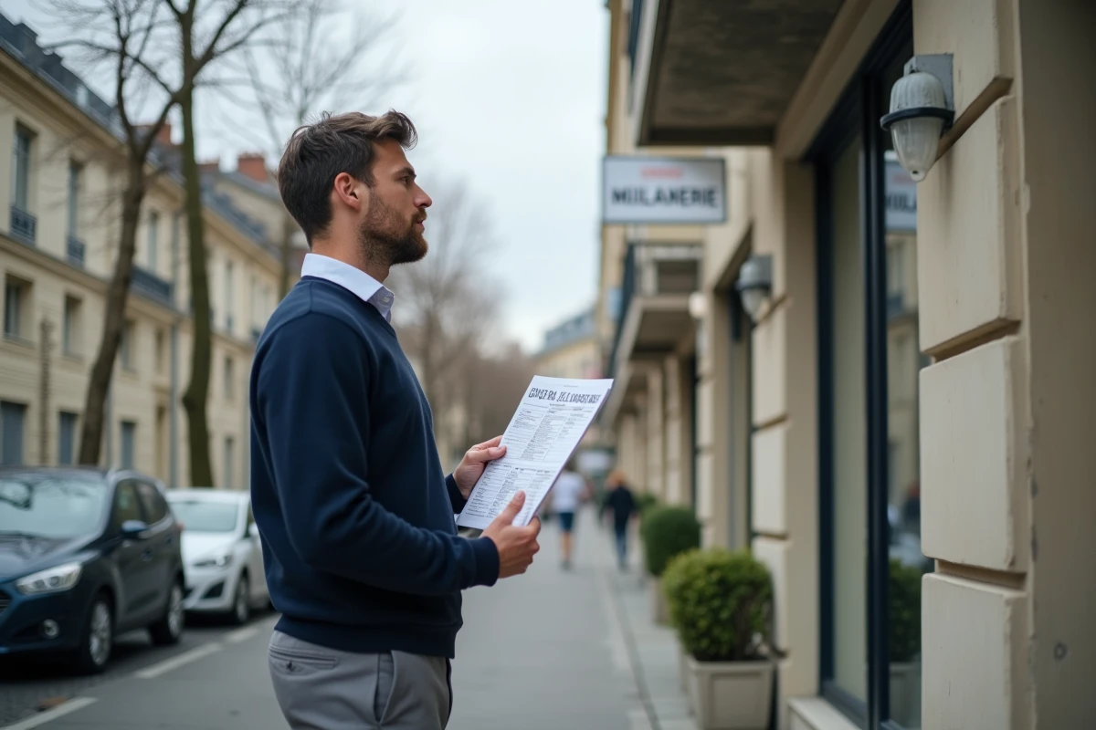 Homme évaluant un immeuble locatif en petite couronne parisienne avec une annonce en main