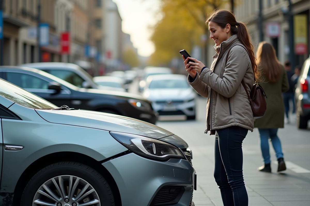 Femme prenant en photo une voiture avec une bosse sur la rue